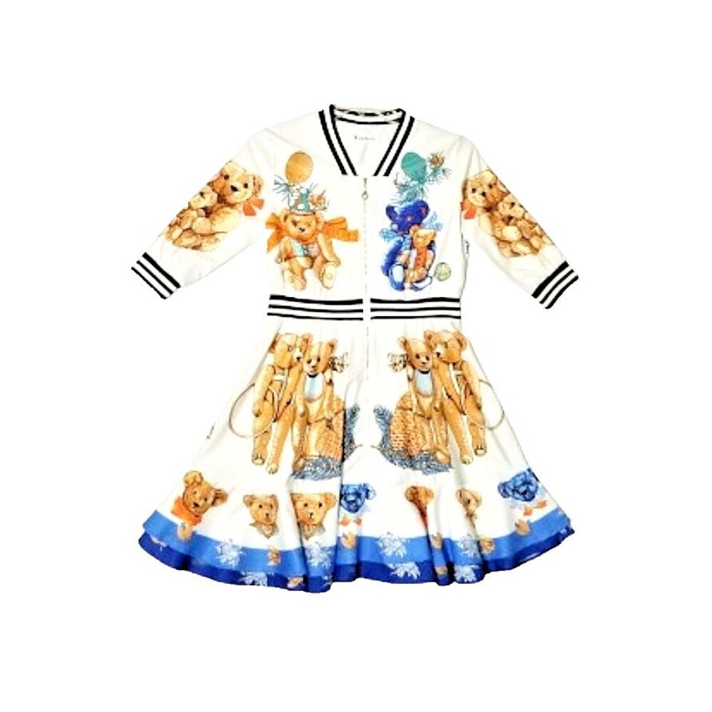 LIANG DIAN YI ZU White Colorful Teddy Bear Skater Shirt Dress Large Knee Length
